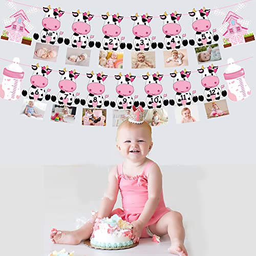 Cow First Birthday Party Decoration for Girls Pink Cow Theme 1st Birthday Photo Banner for Newborn to 12 Months for Baby Girls Farm Theme 1st Birthday Party Supplies