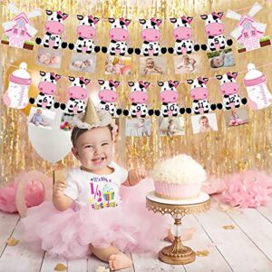 Cow First Birthday Party Decoration for Girls Pink Cow Theme 1st Birthday Photo Banner for Newborn to 12 Months for Baby Girls Farm Theme 1st Birthday Party Supplies