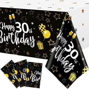 3 pieces happy 30th birthday table cloth covers large happy birthday tablecloths black and gold birthday party table covers rectangular plastic tablecovers for 30th birthday party decor, 54 x 108 inch