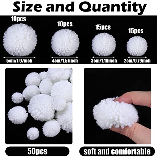 50 Pieces Valentines Pom Poms Craft Pompom Balls Pom Pom Balls Fake Snowballs Fuzzy Balls Pompom Puff Balls for Kids Art DIY Creative Valentine's Day Crafts Decorations (White, Multi Size)