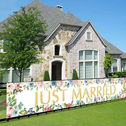 Just Married Banner Backdrop Decorations, Wedding Engagement Party Photo Booth Props Porch Sign Supplies, Bridal Shower Décor for Outdoor Indoor (9.8x1.6ft)