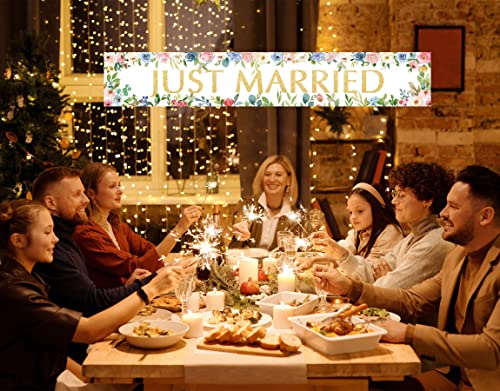 Just Married Banner Backdrop Decorations, Wedding Engagement Party Photo Booth Props Porch Sign Supplies, Bridal Shower Décor for Outdoor Indoor (9.8x1.6ft)