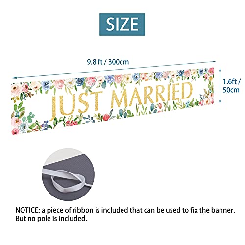 Just Married Banner Backdrop Decorations, Wedding Engagement Party Photo Booth Props Porch Sign Supplies, Bridal Shower Décor for Outdoor Indoor (9.8x1.6ft)