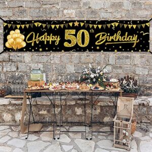 Happy 50th Birthday Banner Decorations, Black Gold 50 Birthday Sign Party Supplies for Men Women, Fifty Birthday Decor Photo Booth Props for Outdoor Indoor