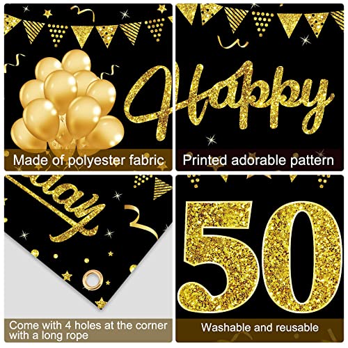 Happy 50th Birthday Banner Decorations, Black Gold 50 Birthday Sign Party Supplies for Men Women, Fifty Birthday Decor Photo Booth Props for Outdoor Indoor