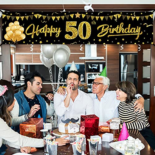 Happy 50th Birthday Banner Decorations, Black Gold 50 Birthday Sign Party Supplies for Men Women, Fifty Birthday Decor Photo Booth Props for Outdoor Indoor