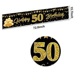 Happy 50th Birthday Banner Decorations, Black Gold 50 Birthday Sign Party Supplies for Men Women, Fifty Birthday Decor Photo Booth Props for Outdoor Indoor