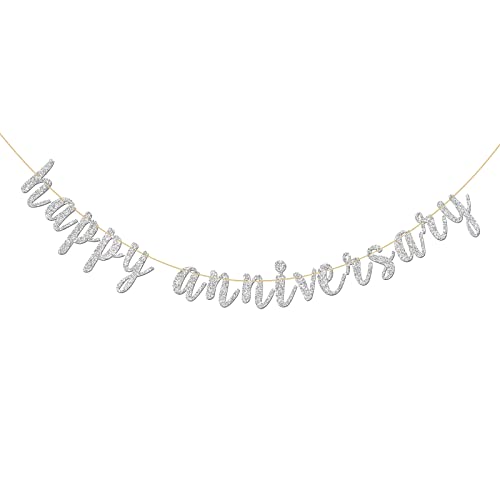 INNORU Glitter Silver Happy Anniversary Banner - Anniversary Sign - Birthday Banner - 1st Wedding Anniversary Party Bunting Decoration Photo Props