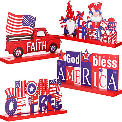 4 Pieces Patriotic Table Decoration 4th of July Wooden Table Centerpiece Independence Day Wood Letter Sign Home of Free God Bless America Table Decoration for Patriotic Party Memorial Day Home Decor