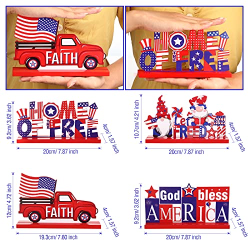 4 Pieces Patriotic Table Decoration 4th of July Wooden Table Centerpiece Independence Day Wood Letter Sign Home of Free God Bless America Table Decoration for Patriotic Party Memorial Day Home Decor