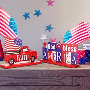 4 Pieces Patriotic Table Decoration 4th of July Wooden Table Centerpiece Independence Day Wood Letter Sign Home of Free God Bless America Table Decoration for Patriotic Party Memorial Day Home Decor