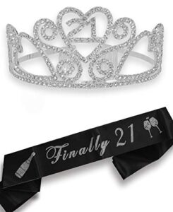 21st birthday sash and tiara for women – fabulous set: glitter sash + floating heart rhinestone silver premium metal tiara for women, 21st birthday gifts for 21st birthday party