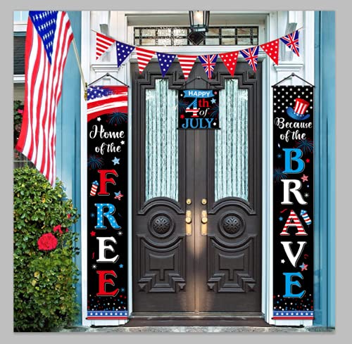 3 Pieces 4th of July Decoration Independence Day Patriotic Banner Flag Home of The Free and Because of The Brave Veterans Day Hanging Sign Set for House Yard Porch Garden Indoor Outdoor Party Supply