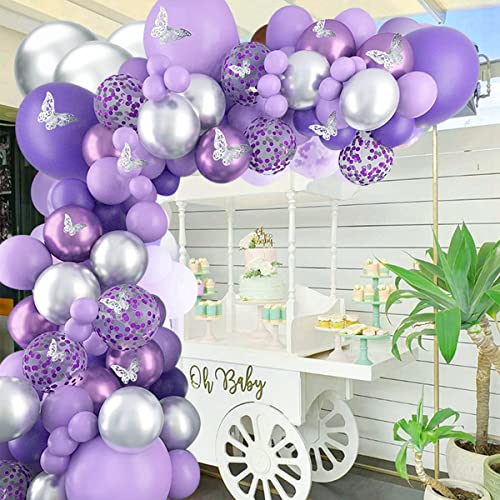 Purple Balloon Garland kit Macaron Purple Silver Balloon Arch Butterfly Stickers Confetti Latex Balloons Arch for Bridal Shower Baby Shower Wedding Birthday Party Decorations for Girls and Women