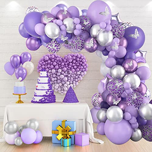 Purple Balloon Garland kit Macaron Purple Silver Balloon Arch Butterfly Stickers Confetti Latex Balloons Arch for Bridal Shower Baby Shower Wedding Birthday Party Decorations for Girls and Women