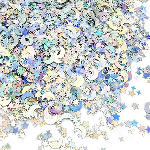 60 g/ 2.1 oz Holographic Star and Moon Table Confetti Iridescent Metallic Glitter Foil Confetti Sequin Star Moon Scatter for Halloween Birthday Wedding Festival Party DIY Decorations (3mm)