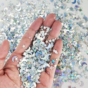 60 g/ 2.1 oz Holographic Star and Moon Table Confetti Iridescent Metallic Glitter Foil Confetti Sequin Star Moon Scatter for Halloween Birthday Wedding Festival Party DIY Decorations (3mm)