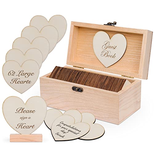 Jecor Alternative Guest Book Box - Wedding Guest Book Alternative - 62 Large Wooden Hearts - Also for Baby Shower, Bridal Shower, Anniversary, Birthday, Retirement, Funeral Guest Book Alternatives