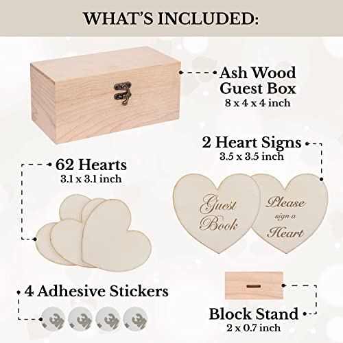 Jecor Alternative Guest Book Box - Wedding Guest Book Alternative - 62 Large Wooden Hearts - Also for Baby Shower, Bridal Shower, Anniversary, Birthday, Retirement, Funeral Guest Book Alternatives