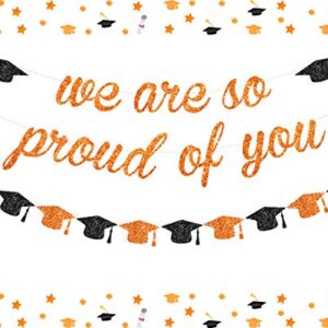 Orange We are So Proud of You Banner Glitter Orange and Black Grad Cap Garland for 2023 Senior High School College Graduation Grad Party Supplies