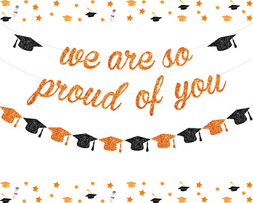 Orange We are So Proud of You Banner Glitter Orange and Black Grad Cap Garland for 2023 Senior High School College Graduation Grad Party Supplies