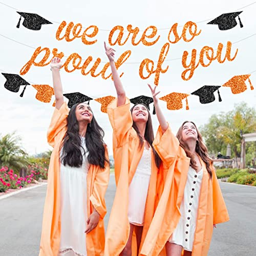 Orange We are So Proud of You Banner Glitter Orange and Black Grad Cap Garland for 2023 Senior High School College Graduation Grad Party Supplies