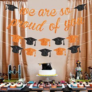 Orange We are So Proud of You Banner Glitter Orange and Black Grad Cap Garland for 2023 Senior High School College Graduation Grad Party Supplies