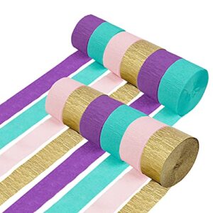 nicrohome mermaid party decorations, 12 rolls purple blue pink crepe paper gold streamers for wedding, baby bridal shower, bachelorette party, birthday, ocean themed party, 82ft long