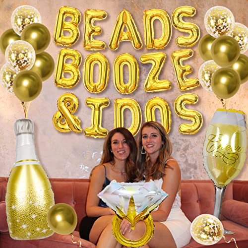 Mardi Gras Bachelorette Party Decoration Gold - Beads Booze and I Dos Balloon Banner for Fat Tuesday New Orleans Bridal Shower Nola Engagement Hen Party with Ring Champagne Bottle Glass Goblet Balloon