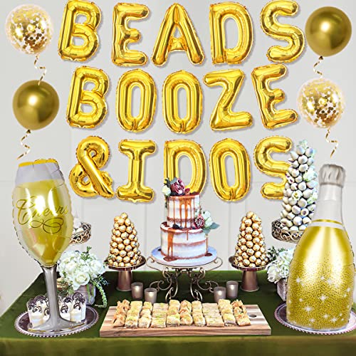 Mardi Gras Bachelorette Party Decoration Gold - Beads Booze and I Dos Balloon Banner for Fat Tuesday New Orleans Bridal Shower Nola Engagement Hen Party with Ring Champagne Bottle Glass Goblet Balloon