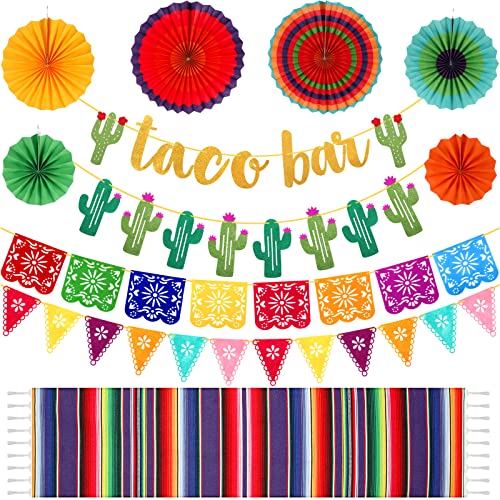 39 Pcs Taco Bar Decorations Fiesta Party Set Serape Table Runner Taco Bar Cactus Banner Garland Fiesta Paper Fan Mexicano Picado Banner Party Decor for Mexican Cinco De Mayo Party Supplies(Purple)