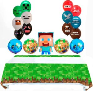 18 pcs pixel miner crafting style foil & latex balloons – mining themed party supplies disposable tablecloth – birthday party video game party decorations