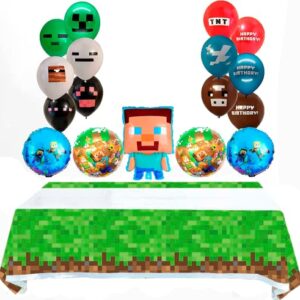 18 PCS Pixel Miner Crafting Style Foil & Latex Balloons - Mining Themed Party Supplies Disposable Tablecloth - Birthday Party Video Game Party Decorations