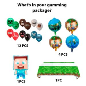 18 PCS Pixel Miner Crafting Style Foil & Latex Balloons - Mining Themed Party Supplies Disposable Tablecloth - Birthday Party Video Game Party Decorations