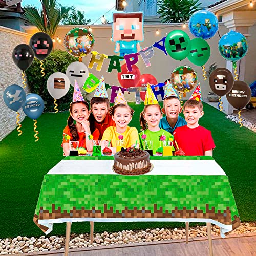 18 PCS Pixel Miner Crafting Style Foil & Latex Balloons - Mining Themed Party Supplies Disposable Tablecloth - Birthday Party Video Game Party Decorations