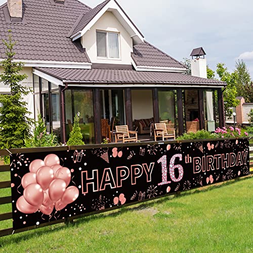 Pimvimcim Large Happy 16th Birthday Banner Sign - Rose Gold 16th Birthday Decor for Girls Party Decor Supplies Photo Booth Backdrop(9.8x1.6ft), Rose gold 16th birthday banner(9.8x1.6ft)