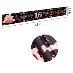 Pimvimcim Large Happy 16th Birthday Banner Sign - Rose Gold 16th Birthday Decor for Girls Party Decor Supplies Photo Booth Backdrop(9.8x1.6ft), Rose gold 16th birthday banner(9.8x1.6ft)