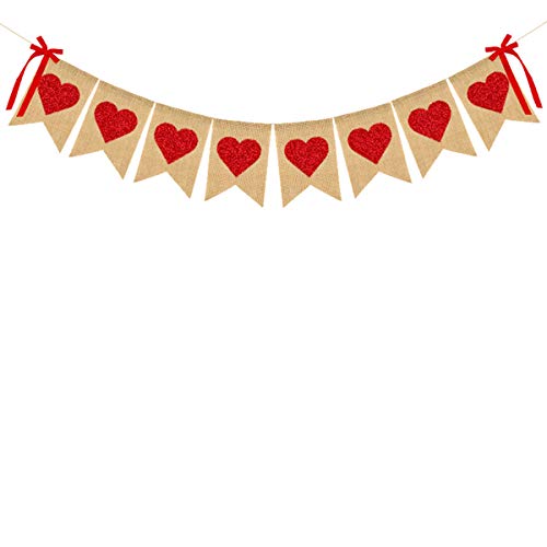 Burlap Heart Banner Garland Valentines Day Decoration Red Glittery Heart Banner with Bow Valentines Banner for Wedding Anniversary Baby Shower Bridal Shower Birthday Party Decorations Supplies