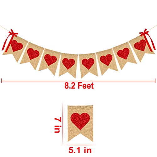 Burlap Heart Banner Garland Valentines Day Decoration Red Glittery Heart Banner with Bow Valentines Banner for Wedding Anniversary Baby Shower Bridal Shower Birthday Party Decorations Supplies