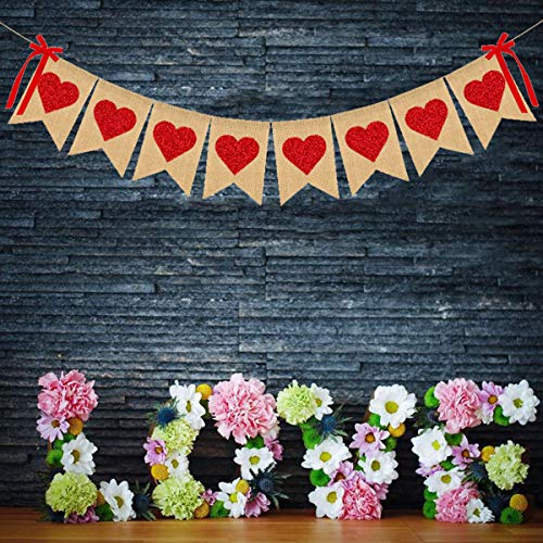 Burlap Heart Banner Garland Valentines Day Decoration Red Glittery Heart Banner with Bow Valentines Banner for Wedding Anniversary Baby Shower Bridal Shower Birthday Party Decorations Supplies