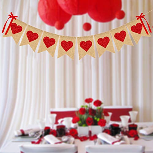 Burlap Heart Banner Garland Valentines Day Decoration Red Glittery Heart Banner with Bow Valentines Banner for Wedding Anniversary Baby Shower Bridal Shower Birthday Party Decorations Supplies