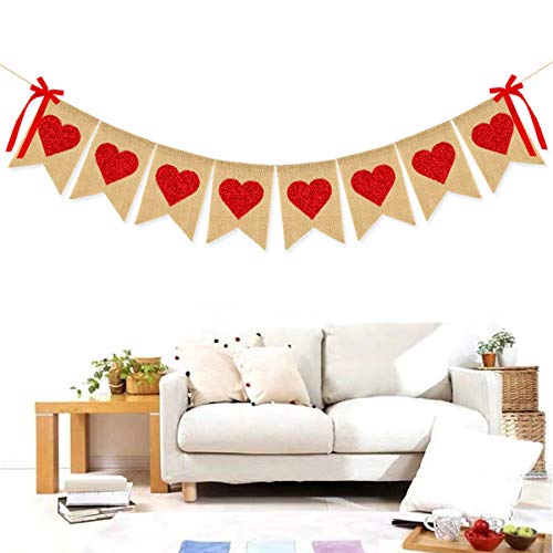 Burlap Heart Banner Garland Valentines Day Decoration Red Glittery Heart Banner with Bow Valentines Banner for Wedding Anniversary Baby Shower Bridal Shower Birthday Party Decorations Supplies