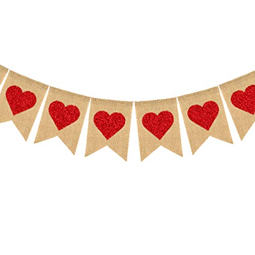 Burlap Heart Banner Garland Valentines Day Decoration Red Glittery Heart Banner with Bow Valentines Banner for Wedding Anniversary Baby Shower Bridal Shower Birthday Party Decorations Supplies