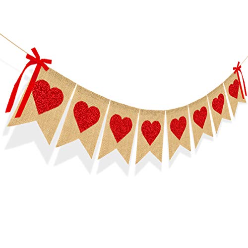 Burlap Heart Banner Garland Valentines Day Decoration Red Glittery Heart Banner with Bow Valentines Banner for Wedding Anniversary Baby Shower Bridal Shower Birthday Party Decorations Supplies