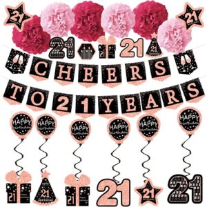 21st birthday decorations for her – (21pack) cheers to 21 years rose gold glitter banner for her, 6 paper poms, 6 hanging swirl, 7 decorations stickers. 21 years old party supplies gifts for her