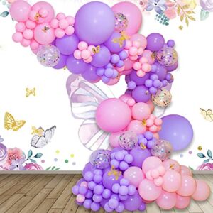 pastel pink purple balloon garland arch kit 129 piece butterfly theme balloon arch with confetti latex balloons for girls women birthday baby bridal shower wedding party decoration