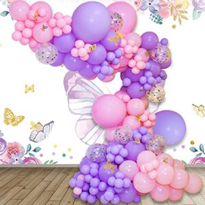 Pastel Pink Purple Balloon Garland Arch Kit 129 Piece Butterfly Theme Balloon Arch with Confetti Latex Balloons for Girls Women Birthday Baby Bridal Shower Wedding Party Decoration