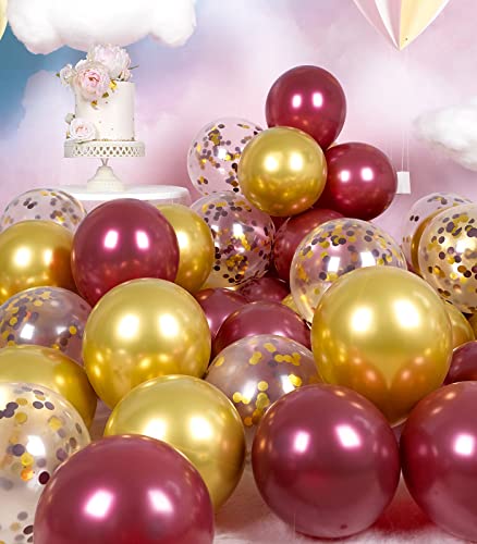 RainbowQ Metallic Shiny Burgundy and Gold Balloons 12 Inch 68PCS Gold Burgundy Confetti Balloons Latex Helium Balloon Set for Graduation Wedding Birthday Party Decorations