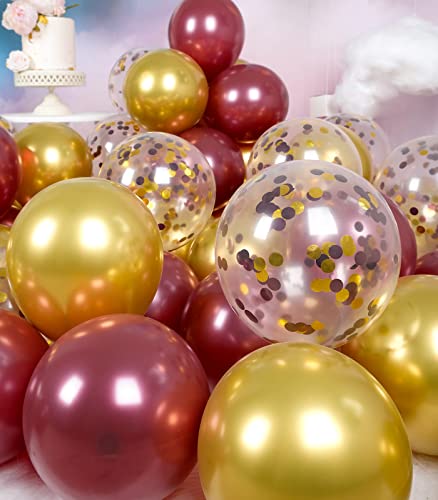 RainbowQ Metallic Shiny Burgundy and Gold Balloons 12 Inch 68PCS Gold Burgundy Confetti Balloons Latex Helium Balloon Set for Graduation Wedding Birthday Party Decorations