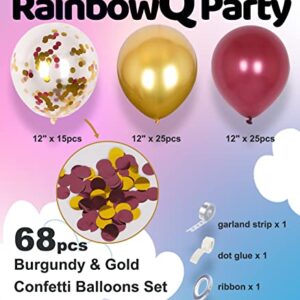 RainbowQ Metallic Shiny Burgundy and Gold Balloons 12 Inch 68PCS Gold Burgundy Confetti Balloons Latex Helium Balloon Set for Graduation Wedding Birthday Party Decorations